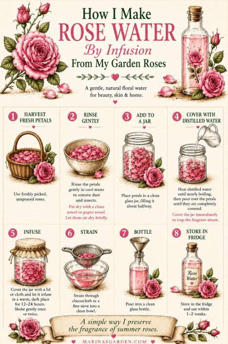 Step-by-step vintage botanical infographic showing how to make homemade rose water using the hot water infusion method with fresh garden roses and distilled water.