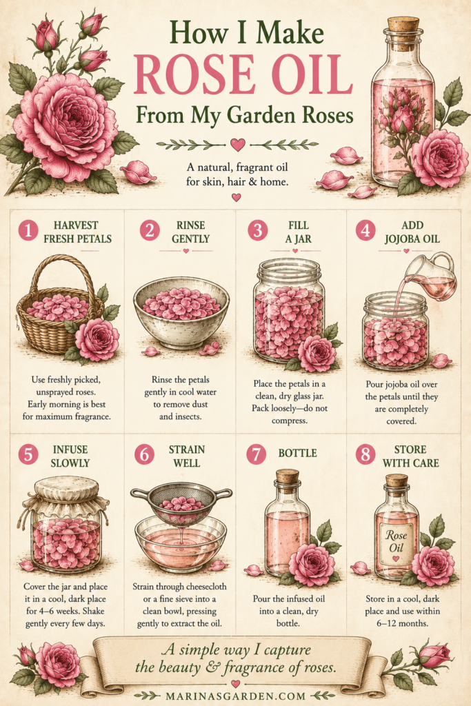 Step-by-step vintage botanical infographic showing how to make rose-infused jojoba oil using fresh garden rose petals and organic jojoba oil.