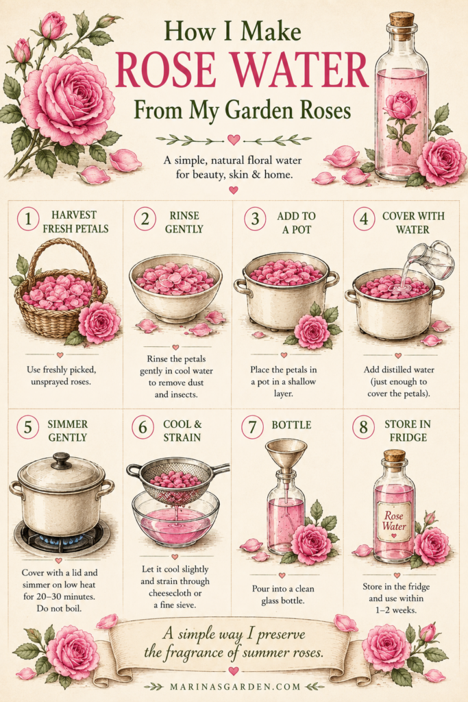 Step-by-step vintage botanical infographic showing how to make homemade rose water using the traditional simmering method with fresh garden rose petals and distilled water.