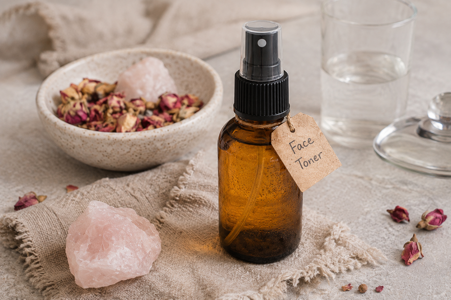 Homemade face toner in an amber spray bottle with dried rose petals