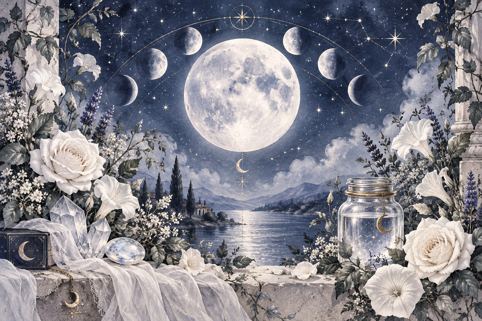 Watercolor illustration of the Moon and lunar phases surrounded by white roses, moonflowers, crystals and a Moon water jar.